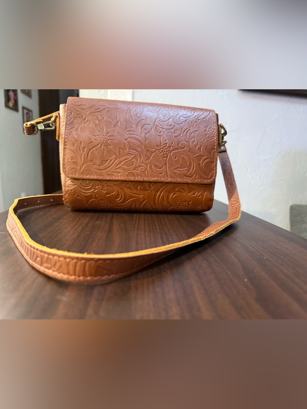 Portland Leather Tan Embossed Floral Crossbody Bag